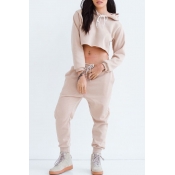 Lovely Casual Hooded Collar Khaki Two-piece Pants 
