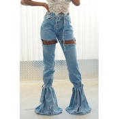 Lovely Casual Flared Broken Holes Blue Jeans