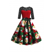 Lovely Casual O Neck Printed Red Mid Calf Dress