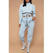 Lovely Casual Turtleneck Lace-up Baby Blue Two-pie