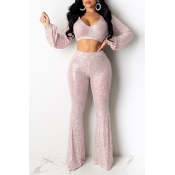 Lovely Leisure V Neck Basic Pink Two-piece Pants S