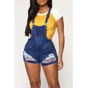 Lovely Casual Broken Holes Deep Blue One-piece Rom