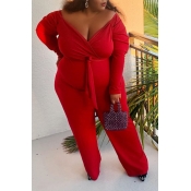 Lovely Casual V Neck Red Plus Size One-piece Jumps
