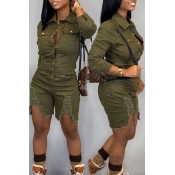 Lovely Casual Broken Holes Army Green One-piece Ro