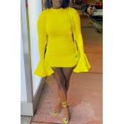 LW Trendy Half A Turtleneck Yellow Mini Dress