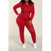 Lovely Casual Broken Holes Wine Red Plus Size Two-