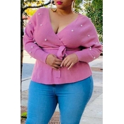 Lovely Casual V Neck Pink Plus Size Sweater