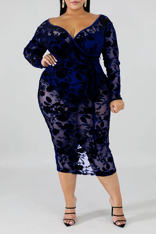 

Lovely Sexy V Neck Hollow-out Vivid Blue Mid Calf Plus Size Dress