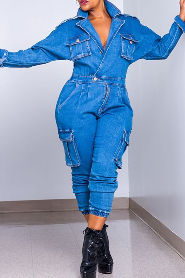 

Lovely Casual Pockets Design Blue Denim One-piece Jumpsuit