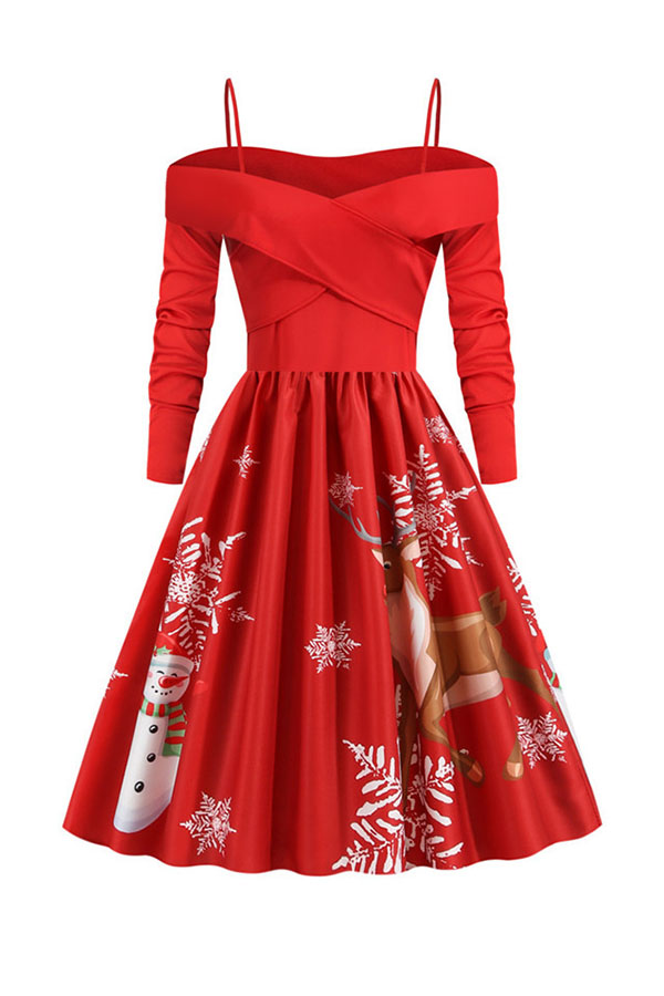 

Lovely Christmas Day Ruffle Design Printed Red Mid Calf Dress