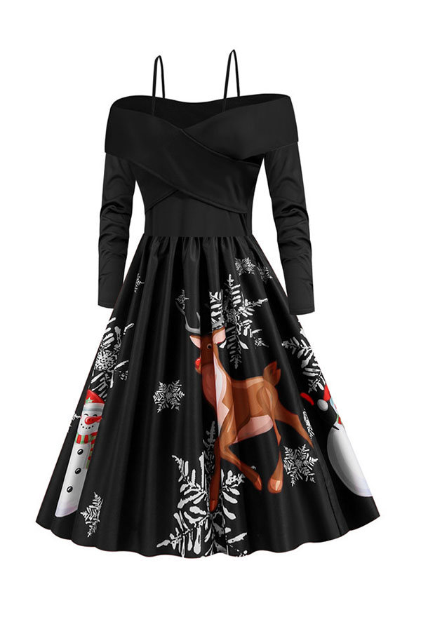 

Lovely Christmas Day Ruffle Design Printed Black Mid Calf Dress