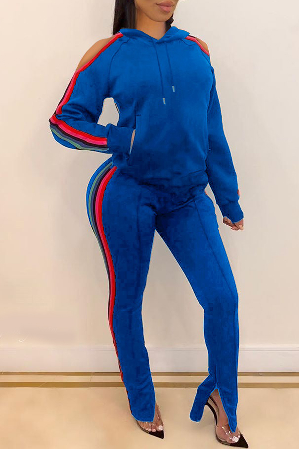 

Lovely Casual Hooded Collar Patchwork Baby Blue Two-piece Pants Set