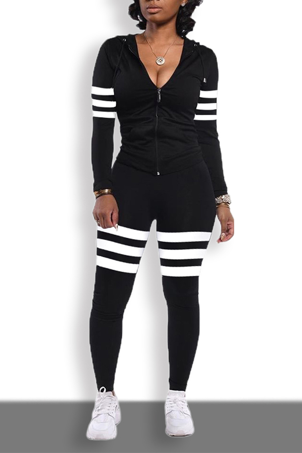

Lovely Sportswear Striped Patchwork Black Two-piece Pants Set