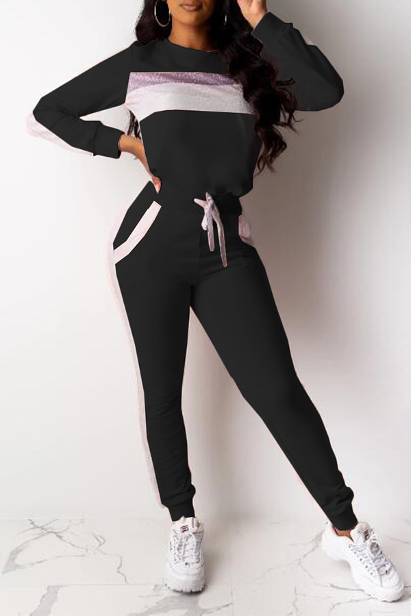 

Lovely Casual Patchwork Black Two-piece Pants Set