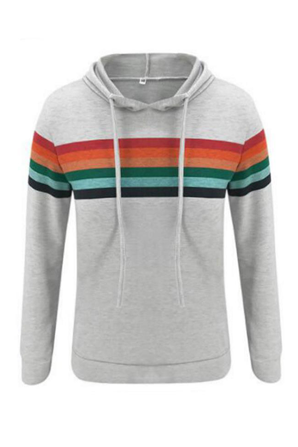 

Lovely Casual Rainbow Striped Grey Hoodie