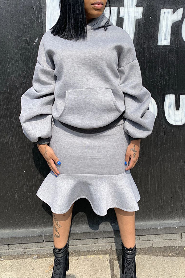 Cheap Two-piece Skirt Set Lovely Casual Hooded Collar Flounce Grey Two