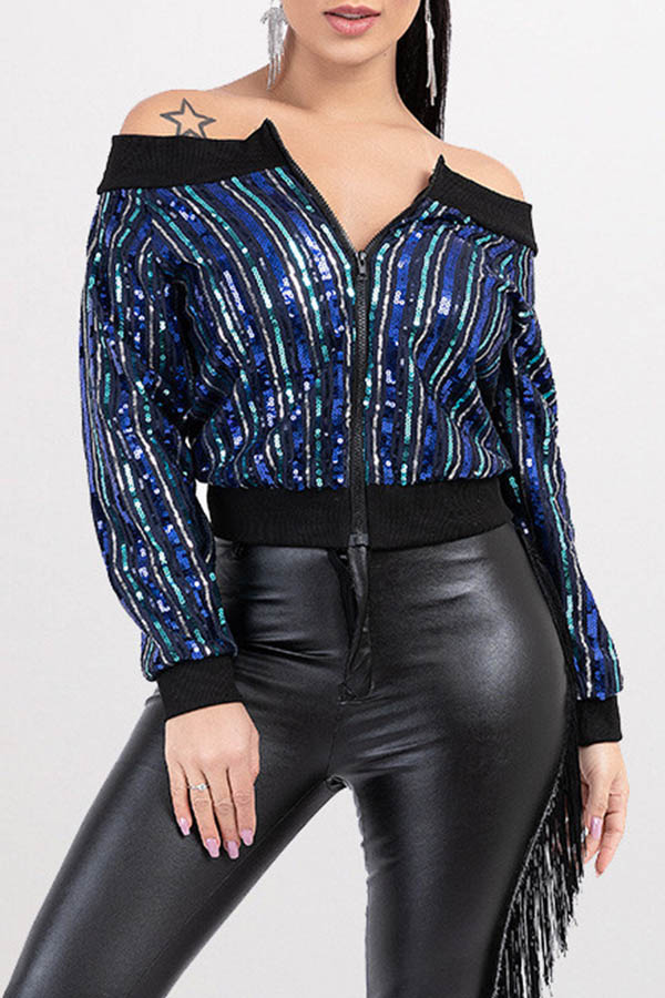 

Lovely Casual Sequined Patchwork Blue Coat