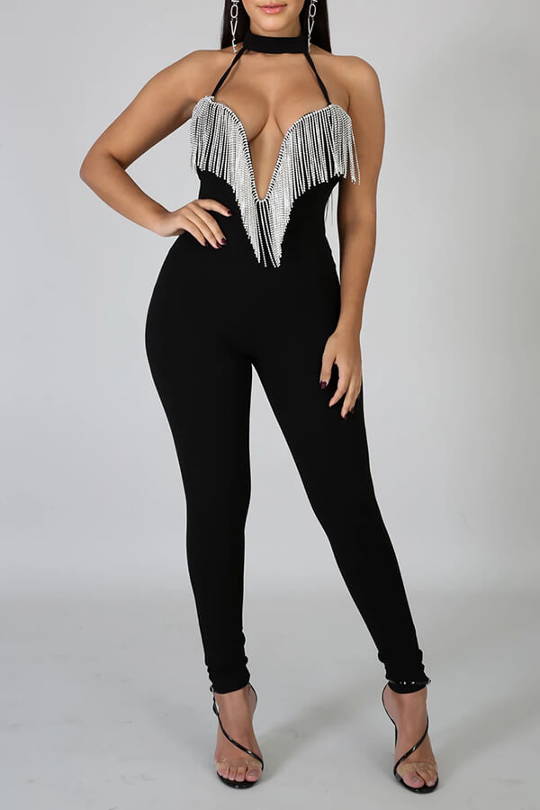 Lovely Sexy Tassel Design Black One piece Jumpsuit Jumpsuit Jumpsuits 