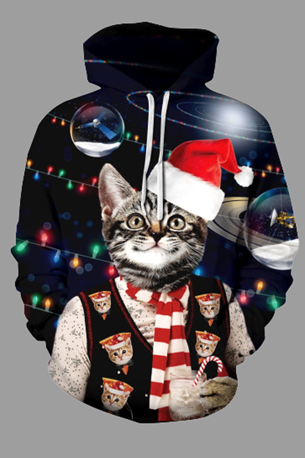 Cheap Plus Size Hoodies Lovely Christmas Day Cat Printed Black Plus Si