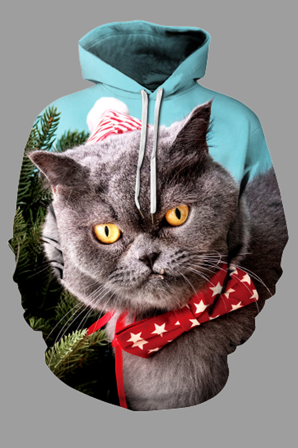 Cheap Plus Size Hoodies Lovely Christmas Day Cat Printed Multicolor Pl