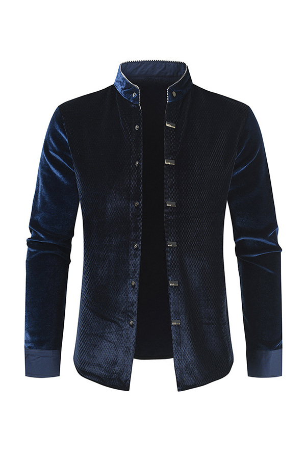 

Lovely Chic Mandarin Collar Buttons Deep Blue Shirt