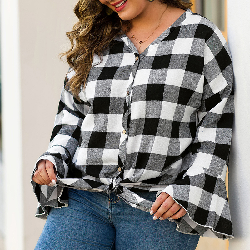 

Lovely Casual Plaid Printed Black Plus Size Blouse