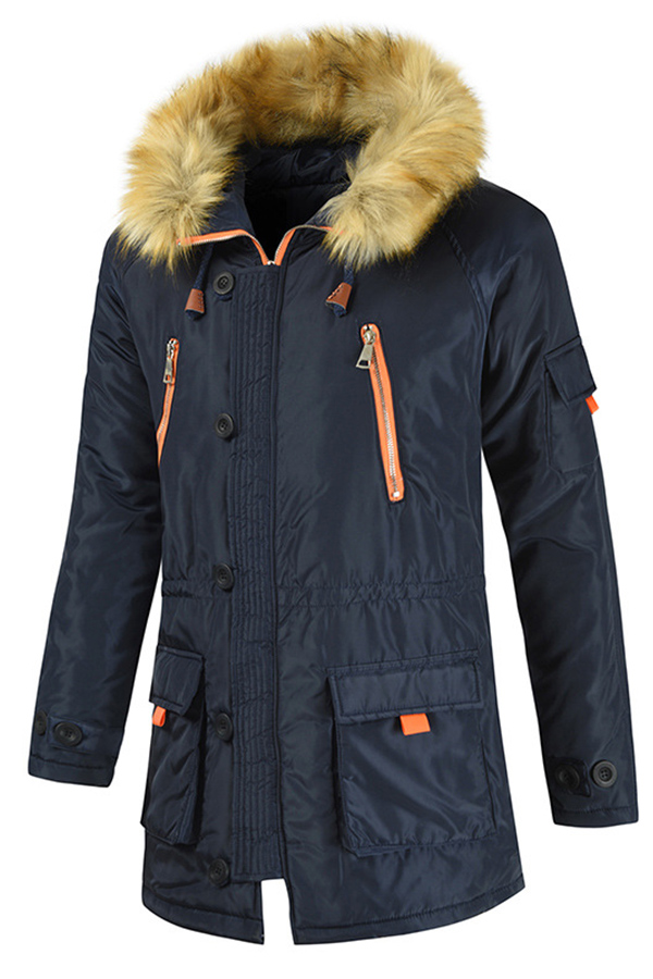 Lovely Casual Pockets Design Navy Blue Cotton-padded Clothe