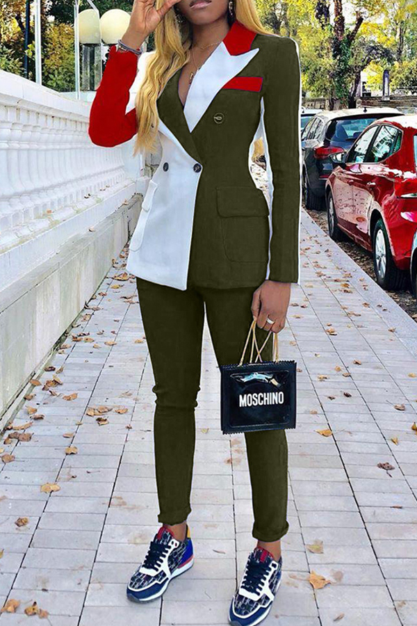 

Lovely Work Turn-back Collar Patchwork Army Green Two-piece Pants Set