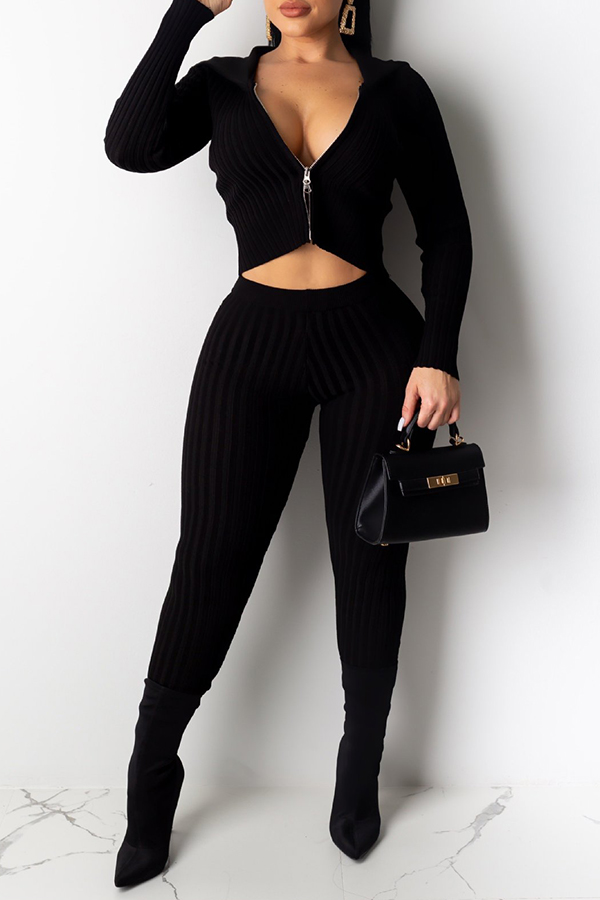 

Lovely Trendy Basic Zipper Design Black Two-piece Pants Set