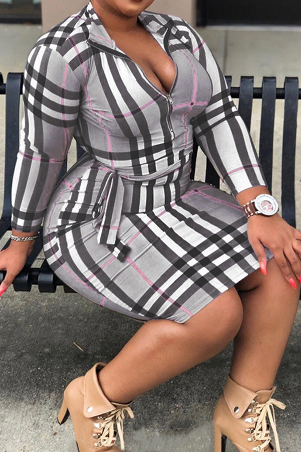 

Lovely Casual Plaid Printed Grey Plus Size Mini Dress