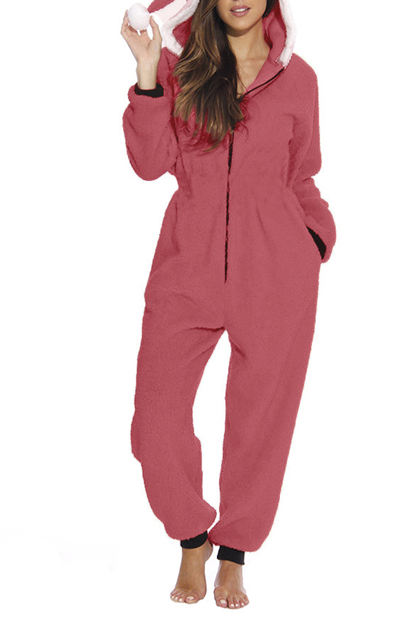 

Lovely Christmas Day Hooded Collar Red One-piece Jumpsuit