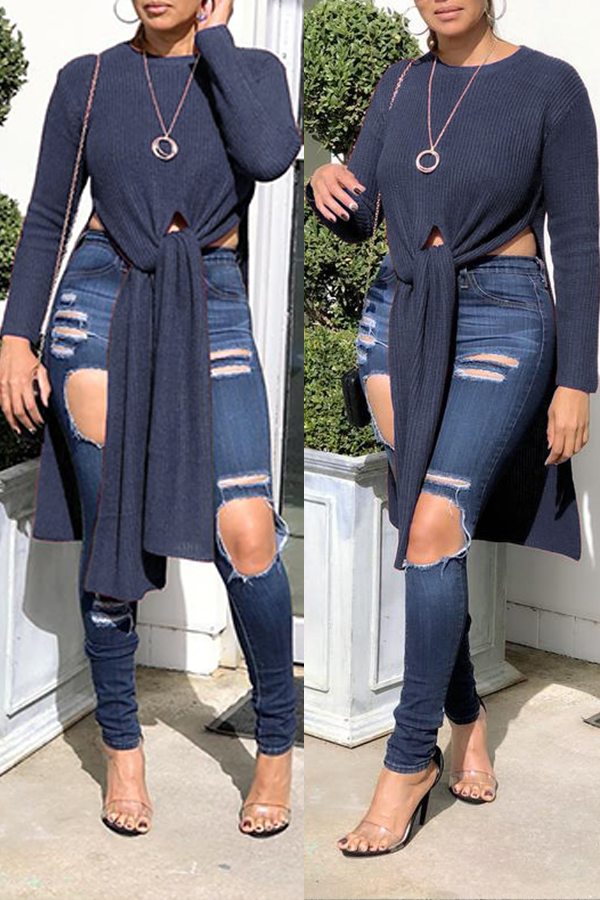 

Lovely Casual Knot Design Deep Blue Sweater