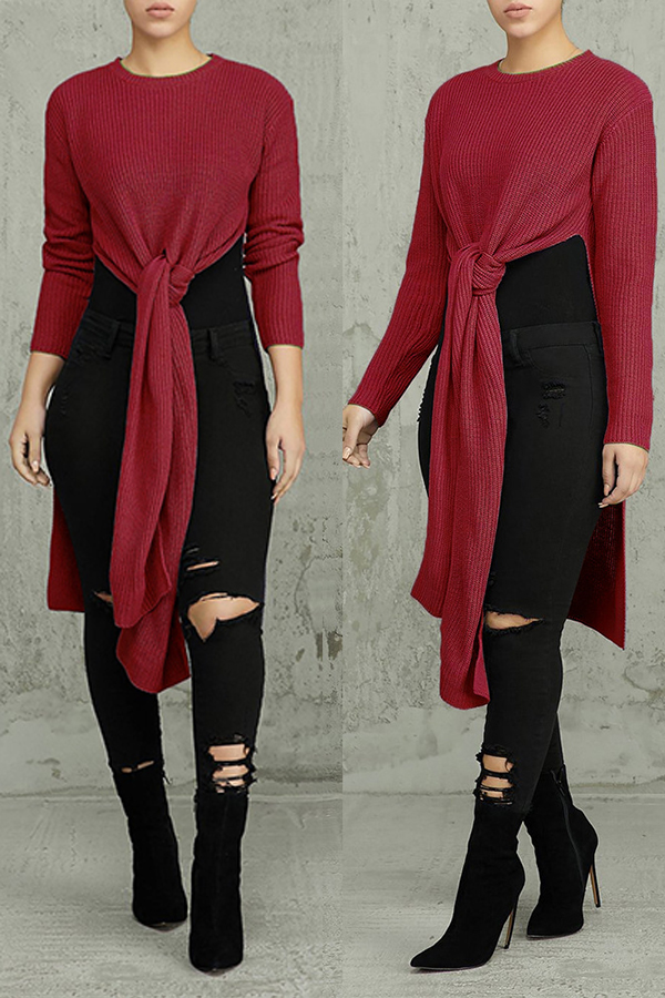 Cheap Sweaters & Cardigans Lovely Casual Knot Design Purplish Red Swea