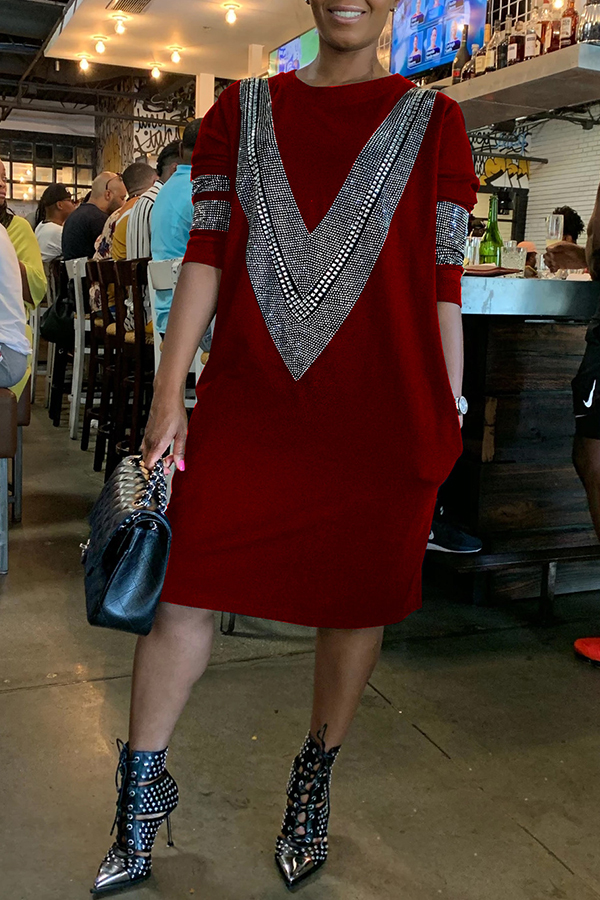 

Lovely Leisure O Neck Patchwork Wine Red Knee Length Dress