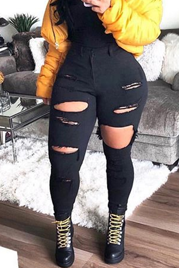 

Lovely Casual Broken Holes Black Jeans