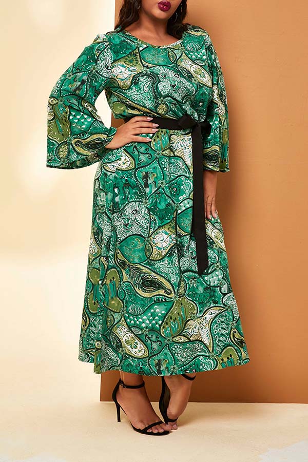 

Lovely Casual Printed Green Mid Calf Plus Size Dress