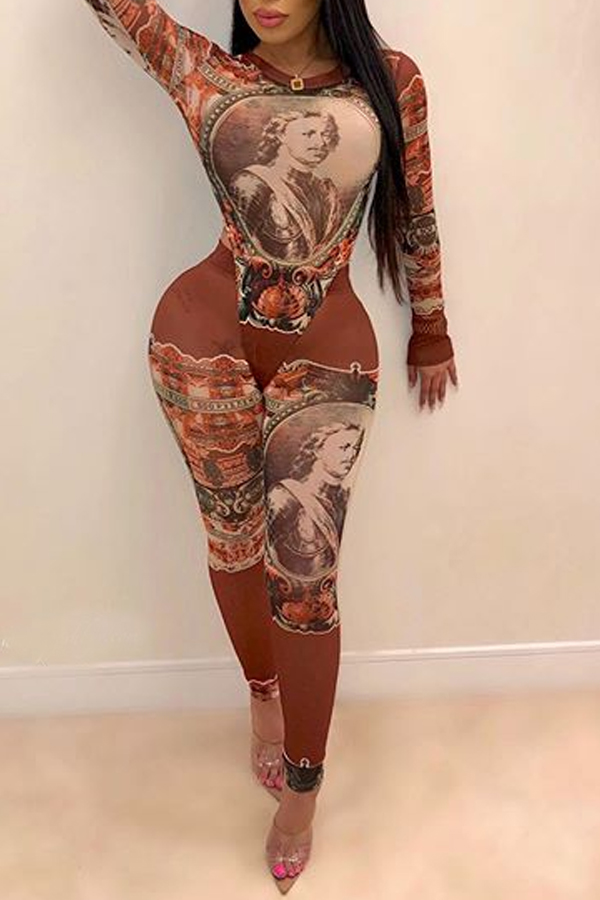 

Lovely Trendy Hollow-out Printed Brown One-piece Jumpsuit