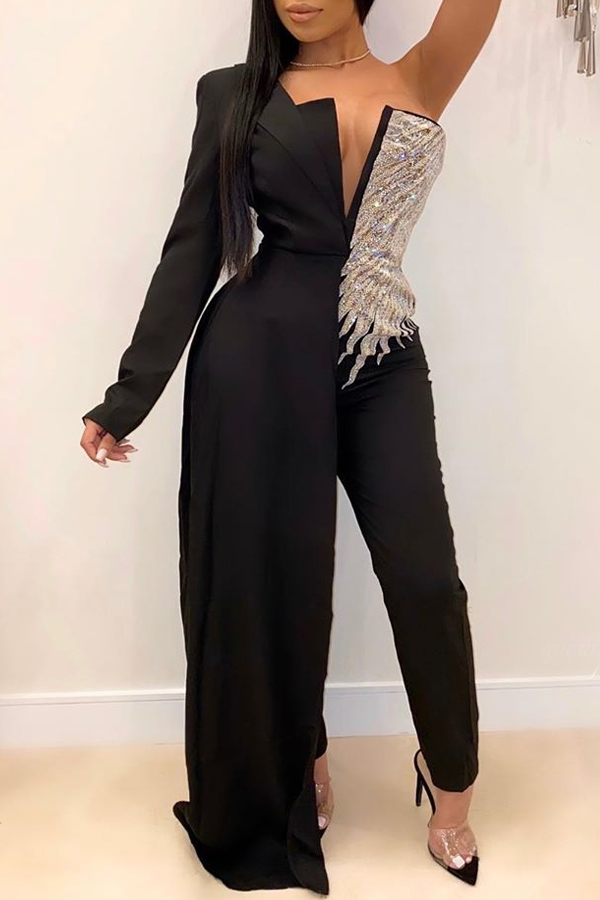 

Lovely Trendy Cloak Design Patchwork Black One-piece Jumpsuit