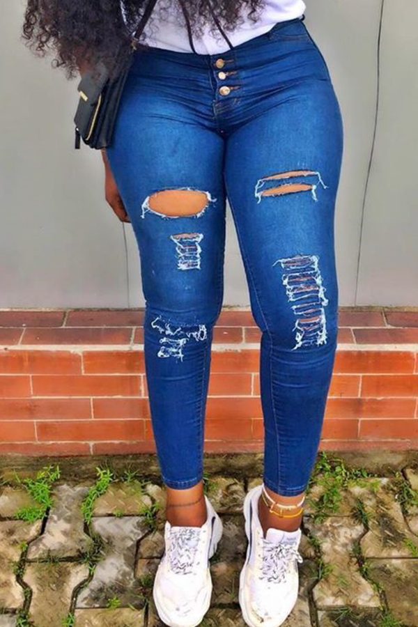 Lovely Casual Hollow-out Deep Blue Jeans