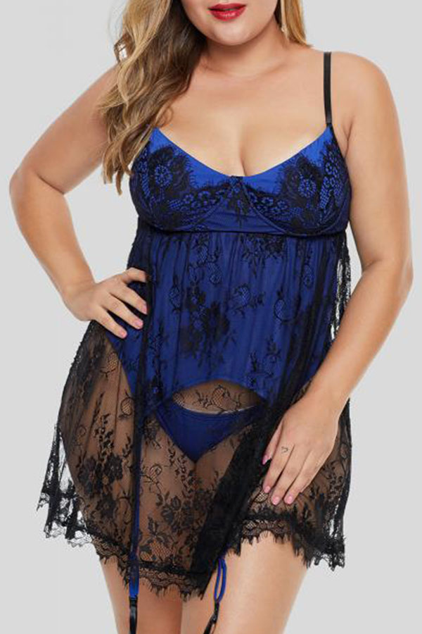 

Lovely Sexy Patchwork Deep Blue Babydolls
