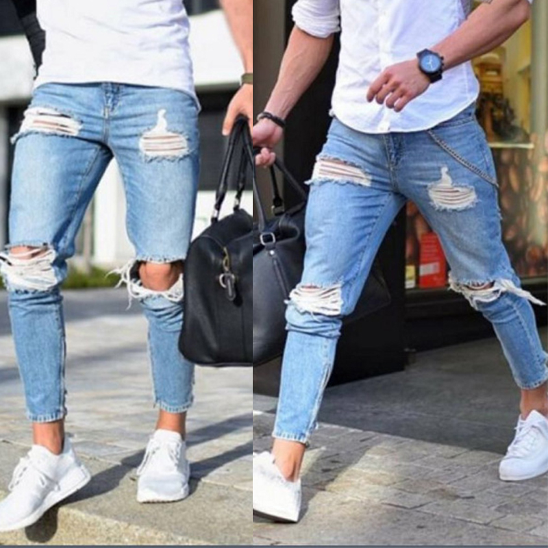 

Lovely Casual Broken Holes Baby Blue Jeans