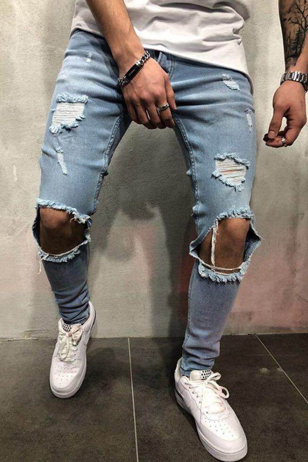 

Lovely Casual Hollow-out Baby Blue Jeans