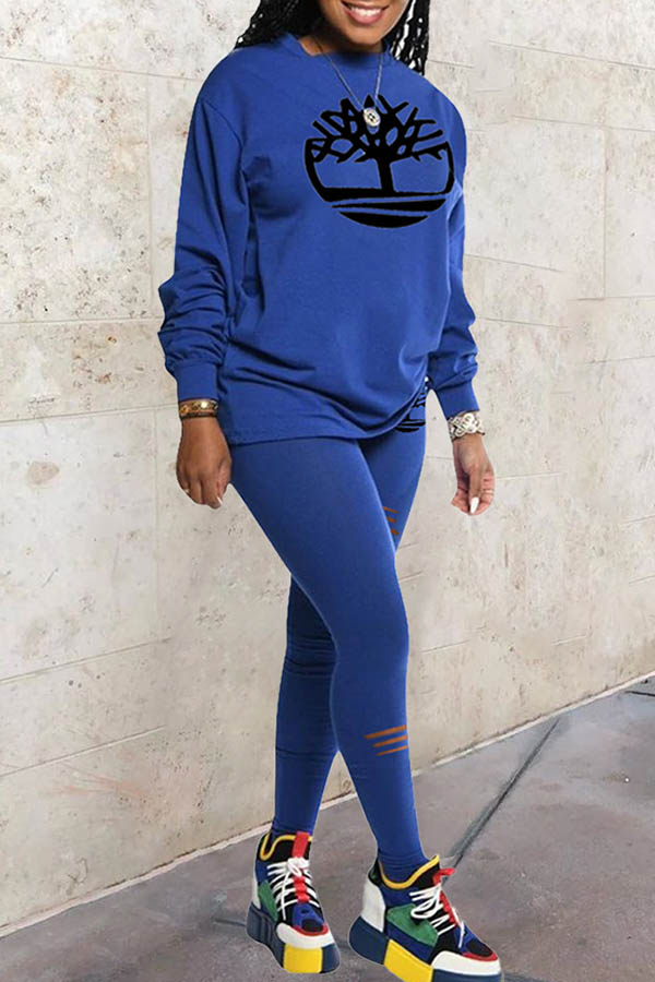 

Lovely Leisure O Neck Printed Blue Two-piece Pants Set