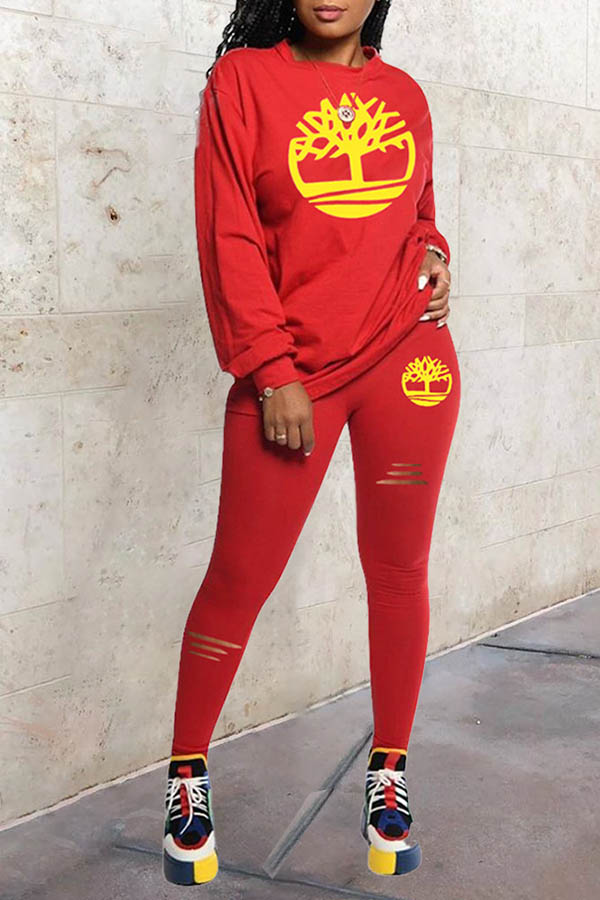 

Lovely Leisure O Neck Printed Red Two-piece Pants Set