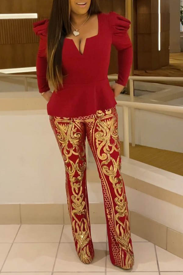 

Lovely Trendy V Neck Printed Red Two-piece Pants Set