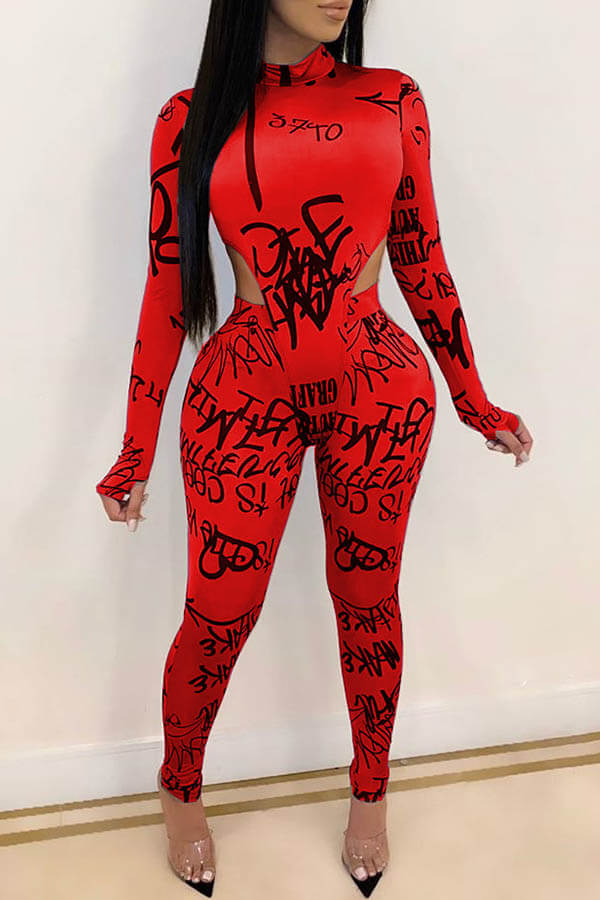

Lovely Chic Letter Printed Skinny Red Two-piece Pants Set