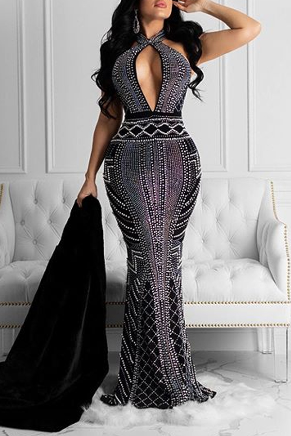 

Lovely Party Patchwork Hollow-out Black Floor Length Evening Dress