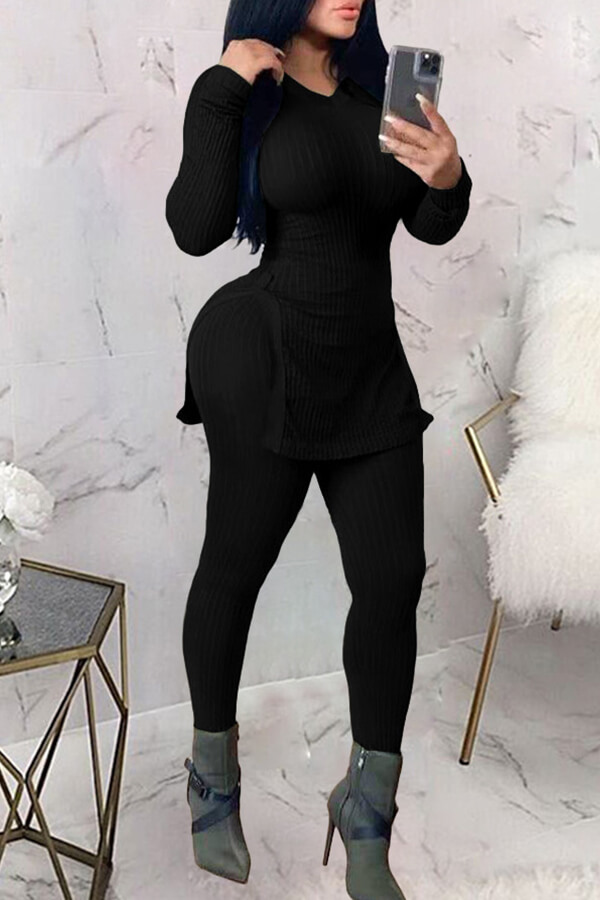 

LW Casual V Neck Basic Black Two-piece Pants Set