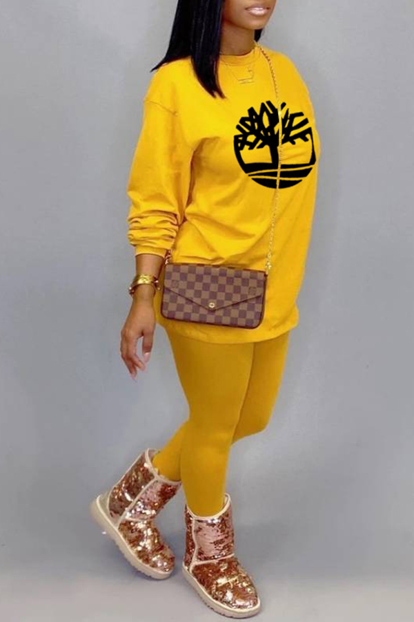 

Lovely Casual O Neck Printed Yellow Two-piece Pants Set