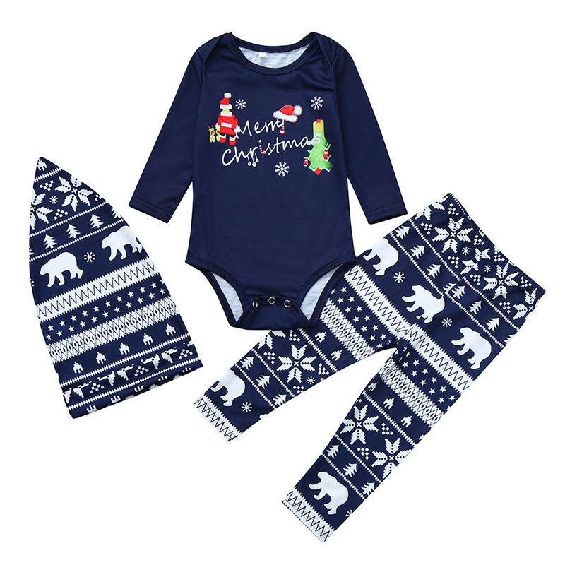 Cheap Girls Romper Lovely Family Santa Claus Printed Dark Blue Baby On